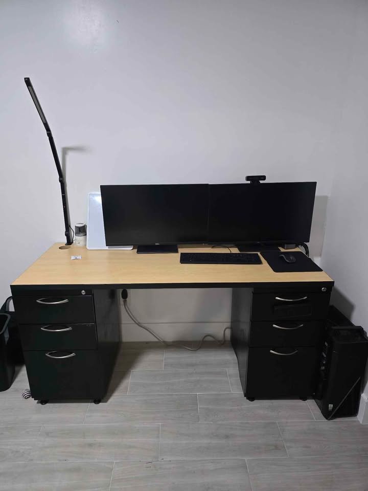 Large Office Desk with Dual Metal File Cabinets